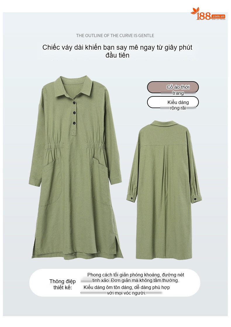 Váy Dài Tay Cotton Linen Dáng Suông Che Bụng Phong Cách Casual Màu Xanh Rêu, Đen chi tiết 4