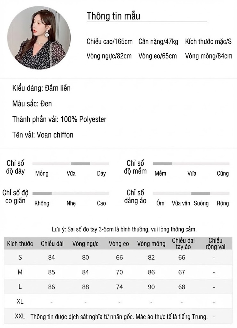 Váy Ôm Body Nữ Cổ chữ V In Họa Tiết Tay Bồng Viền Bèo Phong Cách Pháp Màu Đen Trắng chi tiết 2