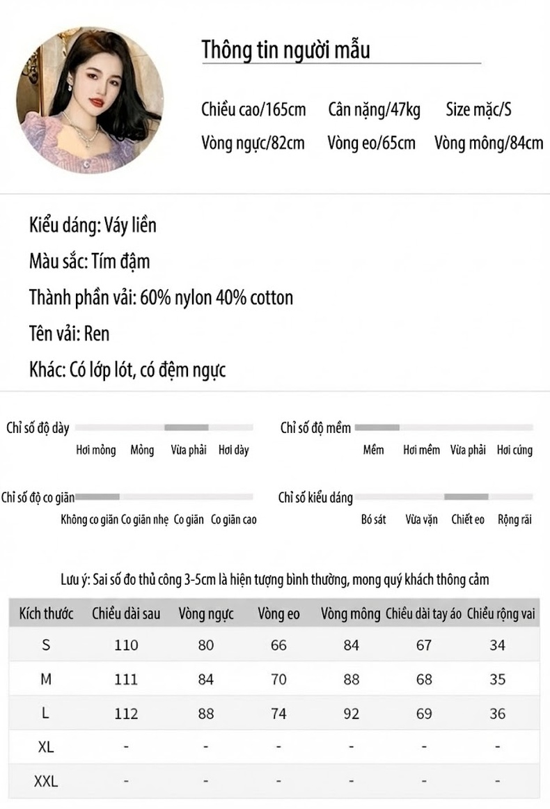 Váy liền thân Nữ Tay Dài Cổ chữ Vuông Phối Ren Eo Ôm Pháp Màu Tím chi tiết 2