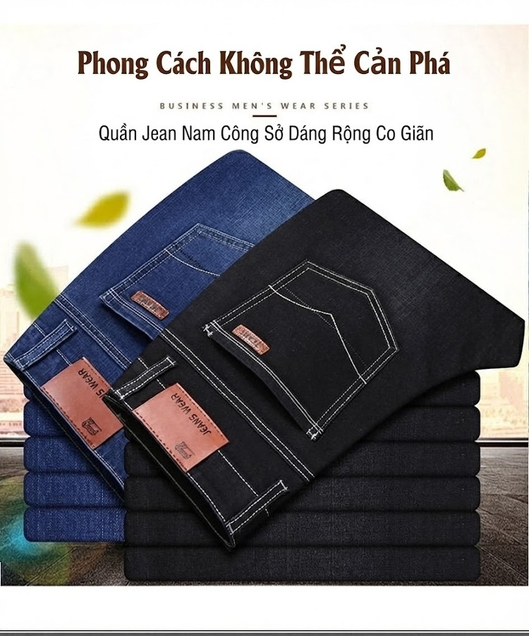 Quần Jean Nam Ống Đứng Dáng Rộng Co Giãn Thoải Mái Màu Xanh Dương, Đen chi tiết 10