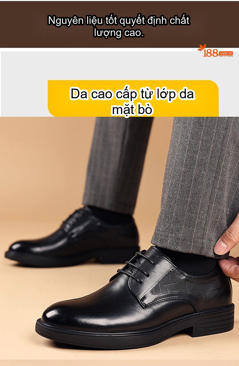 Giày Tây Buộc Dây Nam Da Bò Chiều Cao Đế Khoảng 3cm Màu Nâu, Đen chi tiết 8
