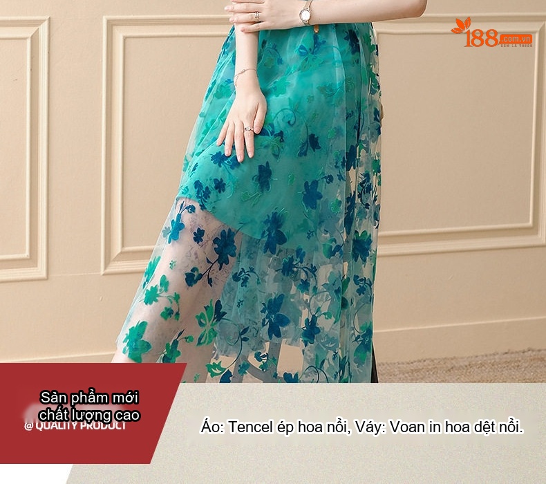 Set Áo Thun Tay Ngắn và Chân Váy Voan Midi Họa Tiết Hoa Phong Cách Thanh Lịch chi tiết 2