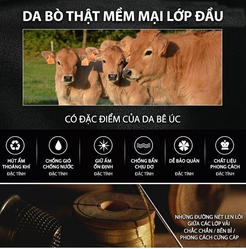 Áo Khoác Da Bò Nam Cao Cấp Dáng Đứng Cổ Trụ Phong Cách Doanh Nhân Màu Đen chi tiết 3