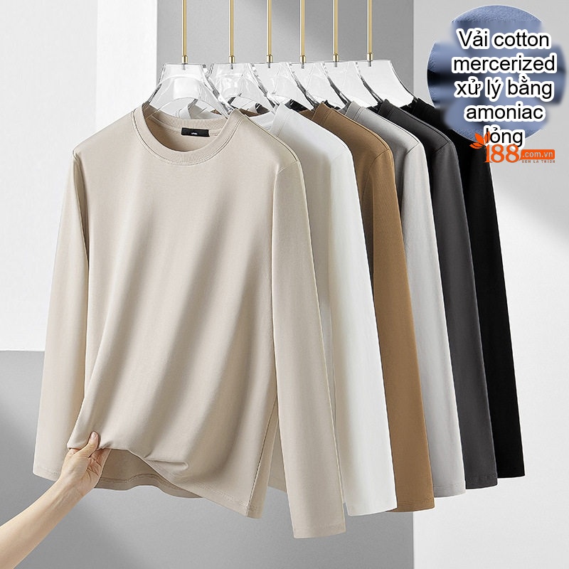 Áo Thun Dài Tay Nam Cotton Lụa Xử Lý Amoniac Màu Trắng, Kem, Nâu, Đen