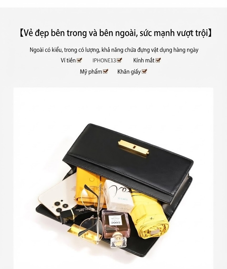 Túi Kẹp Nách Nữ Da Bóng Dây Xích Thiết Kế Pháp Sang Trọng Màu Đen, Đỏ chi tiết 5
