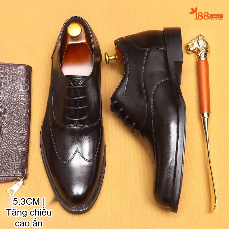 Giày Tây Buộc Dây Nam Da Bò Chiều Cao Đế 5.3cm Mũi Nhọn Màu Đen, Nâu