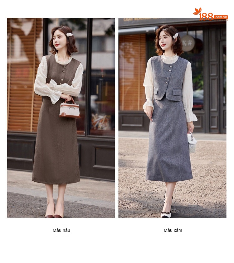 Set Áo Khoác Gile, Áo Tiểu Thư Tay Dài Và Chân Váy Dài Phong Cách Thời Trang Nữ chi tiết 10