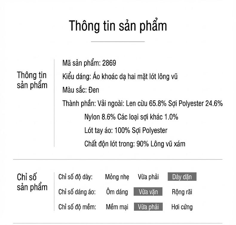 Áo Khoác Nam Dạ Hai Mặt Lót Lông Vũ Dáng Vừa Màu Đen chi tiết 25