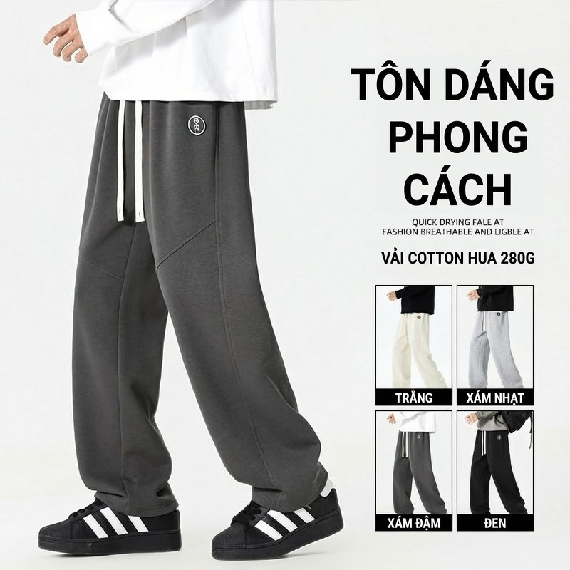 Quần dài ống rộng nam cotton dáng thể thao rút dây
