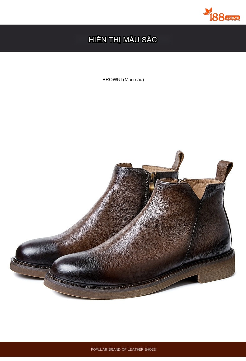 Boot Nam Da Bò Cao Cổ Chiều Cao Đế Khoảng 3cm Dáng Chelsea Màu Đen, Nâu chi tiết 12