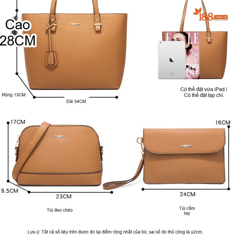 Set Túi Xách Nữ Công Sở Da Bóng 4 Món Lớn Đeo Vai, Túi Đeo Chéo, Ví Cầm Tay Màu Đen, Nâu, Xanh Dương, Xám... chi tiết 11