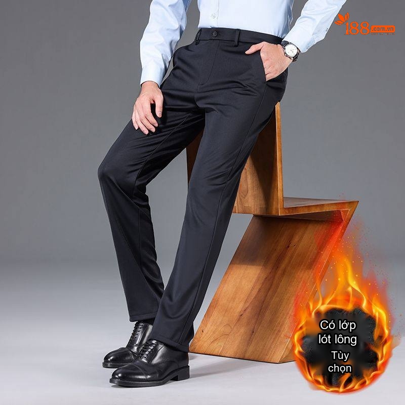 Quần Tây Nam Ống Đứng Lót Lông Cừu Dáng Suông Màu Đen