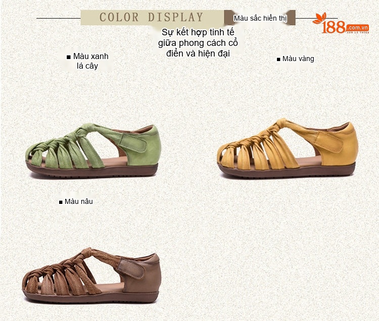 Dép Sandal Nữ Quai Dệt Thủ Công Đế Bệt Thoáng Khí Khóa Dán Phong Cách La Mã Đế Cao 3cm - 4cm Màu Vàng, Xanh Lá, Nâu chi tiết 3