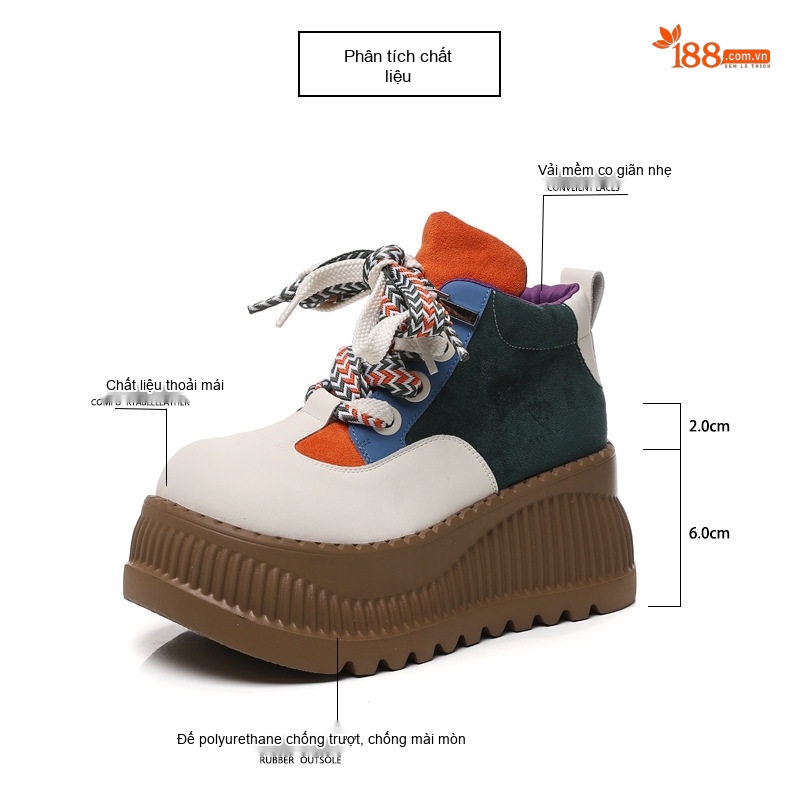 Giày Cao Cổ Nữ Đế Bánh Mì Chiều Cao Đế Khoảng 5cm Giày Thể Thao Dây Rút Màu Trắng, Cam, Xanh Lá, Xanh Dương chi tiết 3