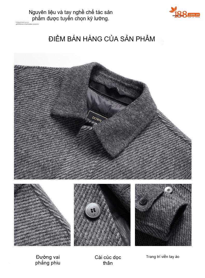 Áo Khoác Dạ Nam Dáng Dài Lót Lông Vũ Cao Cấp Cổ Bẻ Màu Xám chi tiết 4