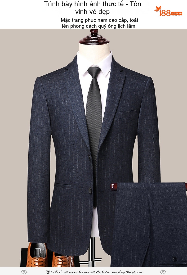 Bộ Vest Nam Kẻ Sọc Co Giãn Ôm Dáng Màu Xanh Đen chi tiết 7