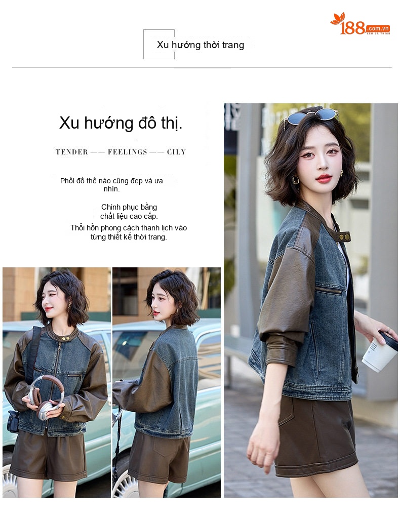Áo Khoác Nữ Jean Phối Da Kiểu Retro Ngắn Tay Phong Cách Vintage Màu Xanh, Nâu chi tiết 2