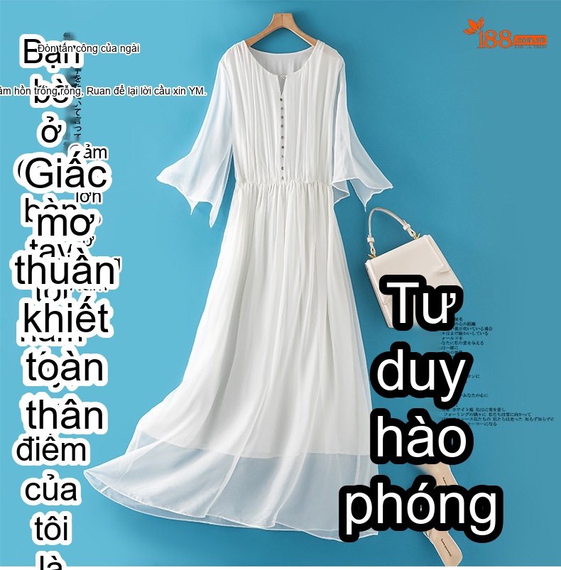Váy Lụa Tằm Ý Dáng Dài Thắt Eo Phong Cách Pháp Màu Trắng, Be, Xanh chi tiết 1