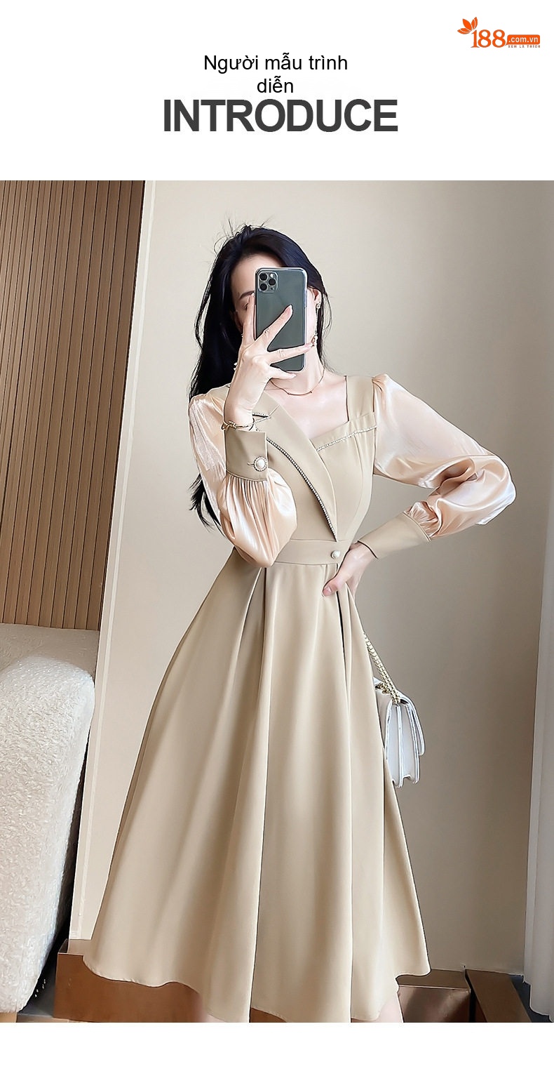 Váy Liền Thân Nữ Tay Dài Phong Cách Pháp Thanh Lịch Màu Be chi tiết 7