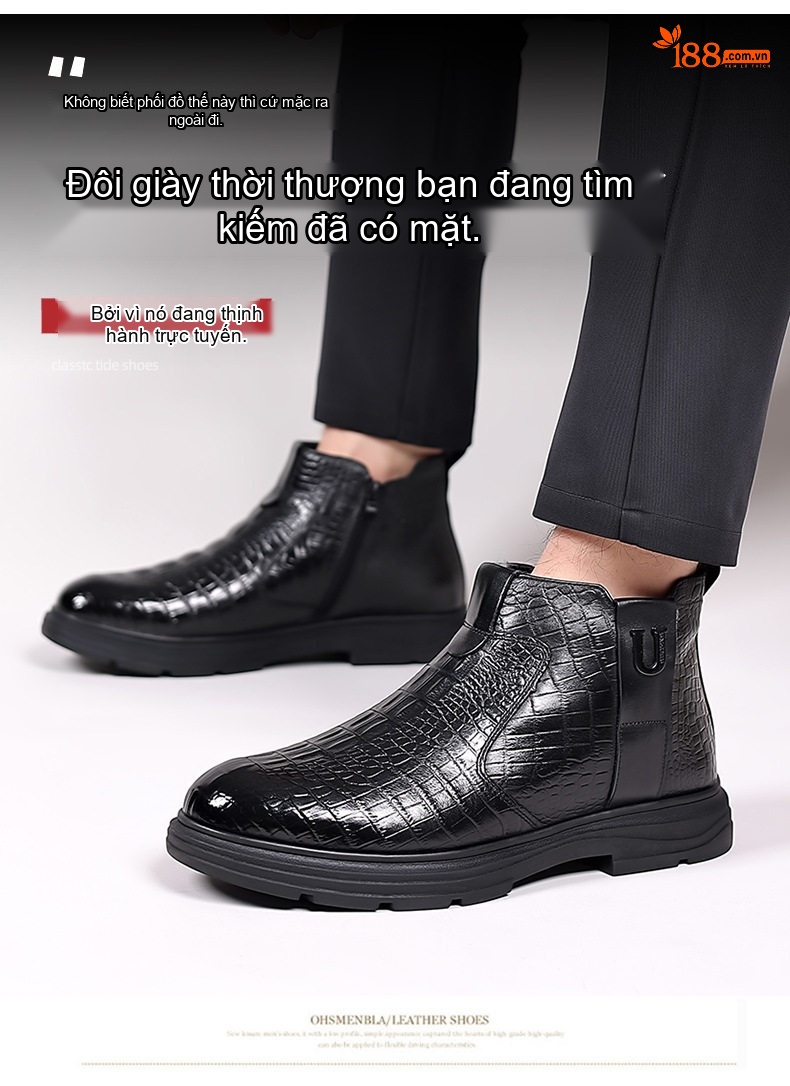 Boot Nam Da Thật Vân Cá Sấu Lót Lông Chiều Cao Đế Khoảng 3cm Màu Đen chi tiết 3