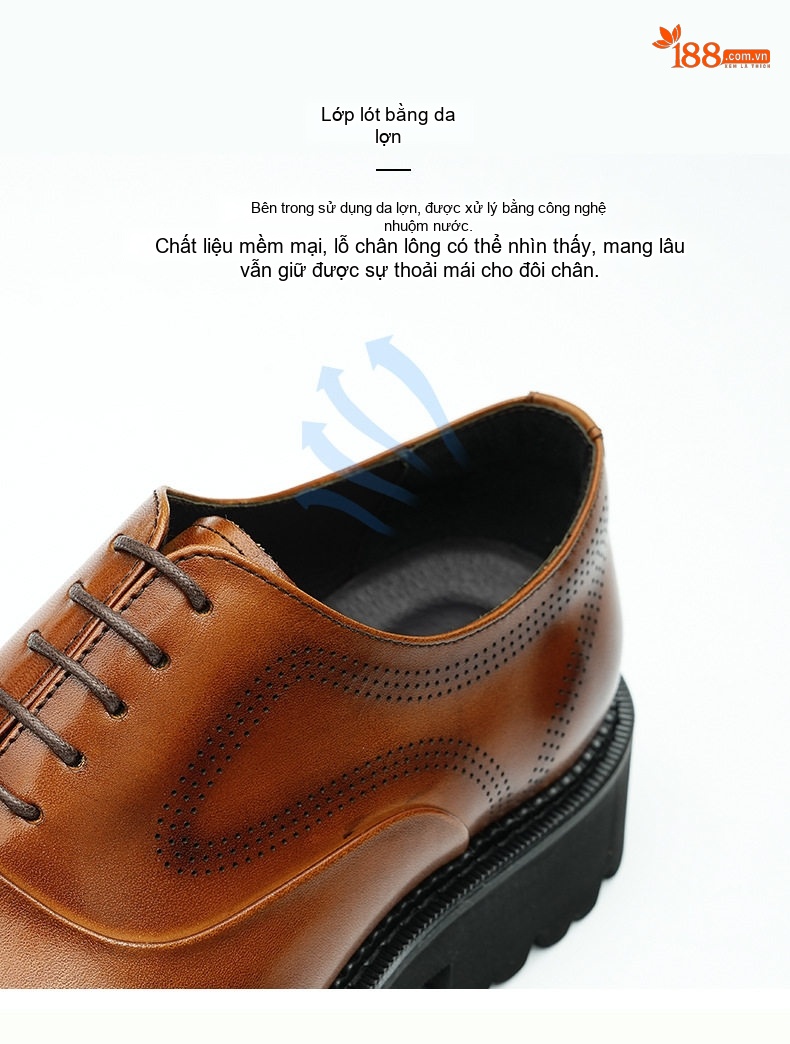 Giày Tây Brogue Nam Da Bóng Đế Dày Chiều Cao Đế 4cm Màu Đen, Nâu chi tiết 8