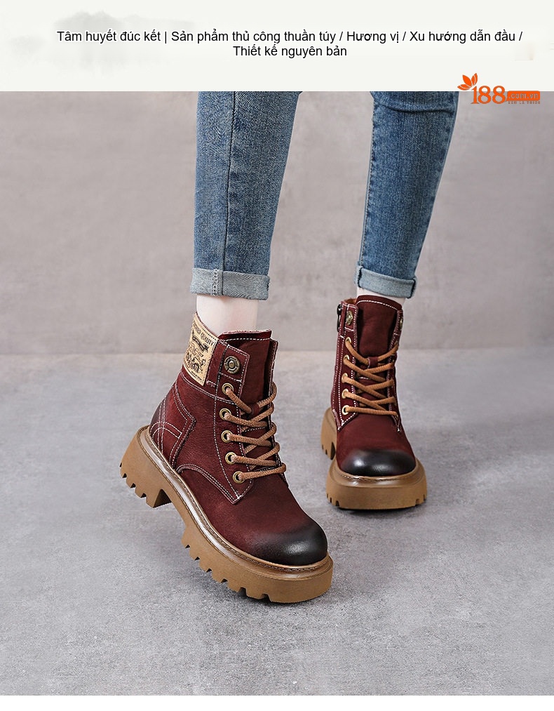Boot Martin Nữ Da Bò Cổ Cao Đế Dày Phong Cách Retro Chiều Cao Đế Khoảng 5cm Màu Nâu, Đen, Đỏ... chi tiết 1