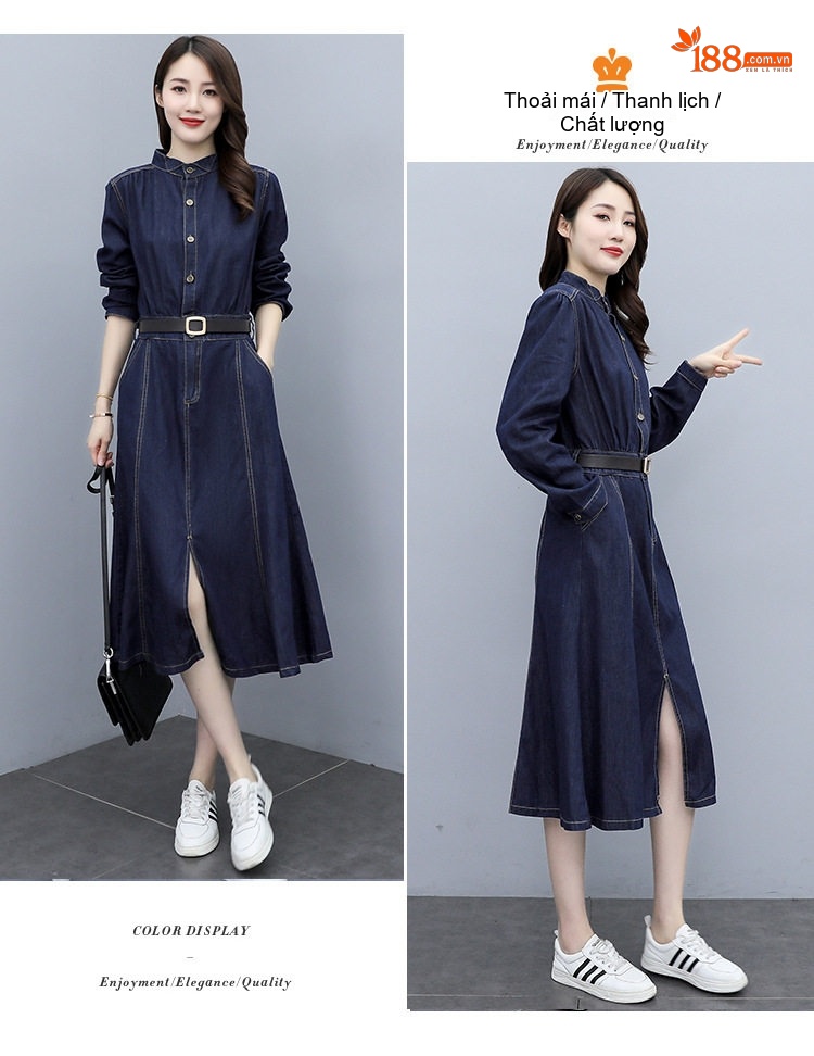 Váy Dài Tay Nữ Denim dáng chữ A Cổ Điển Thanh Lịch chi tiết 11