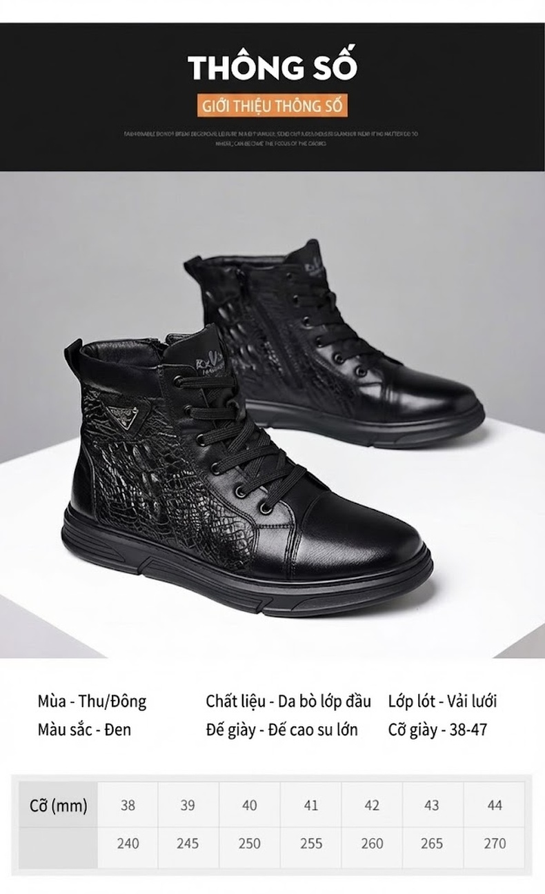 Giày Boot Martin Nam Da Bò Cao Cổ Phong Cách Anh Quốc Chiều Cao Đế Khoảng 3cm Màu Đen chi tiết 6