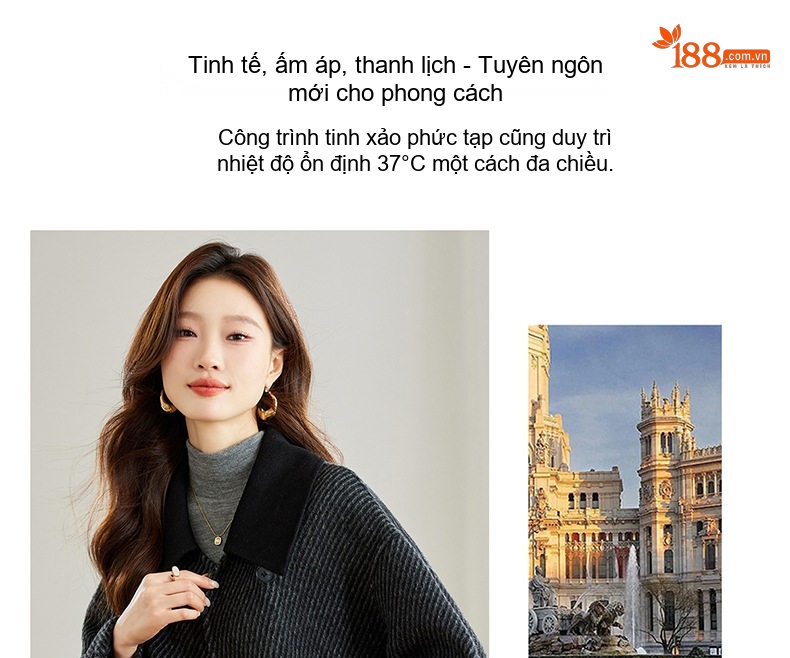 Áo Khoác Nữ Cổ Bẻ Hai Lớp Lông Cừu Sọc Caro Màu Xám, Đen chi tiết 6