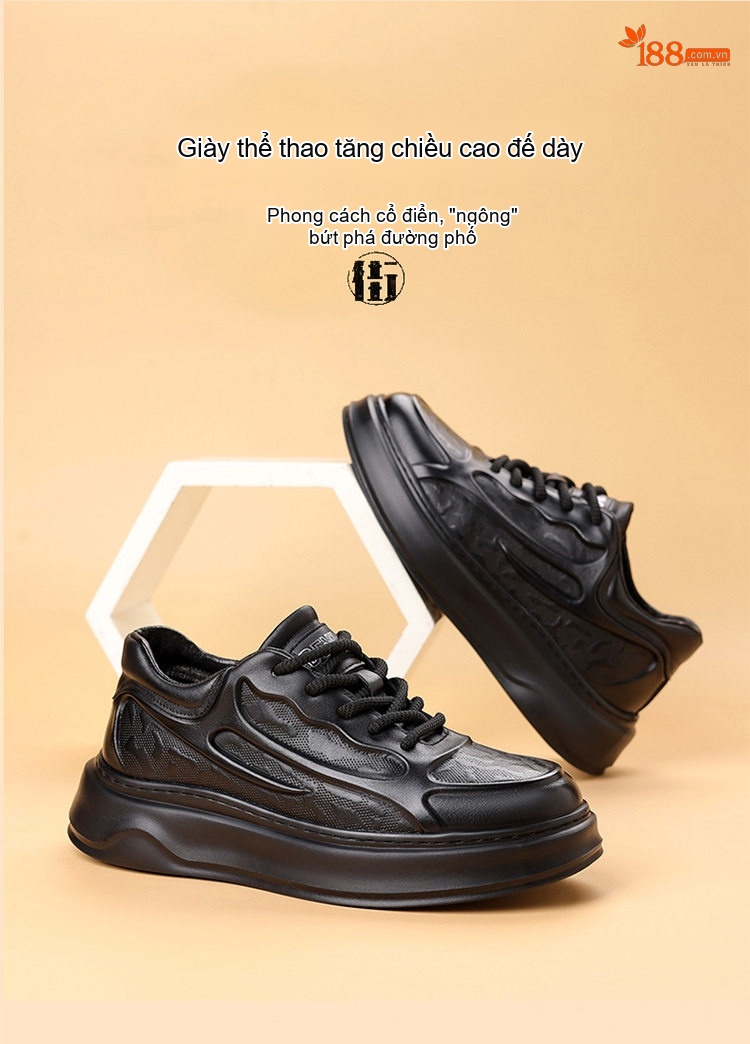 Giày Sneaker Nam Da Bò Mềm Mại Chiều Cao Đế Khoảng 4cm Màu Đen chi tiết 1