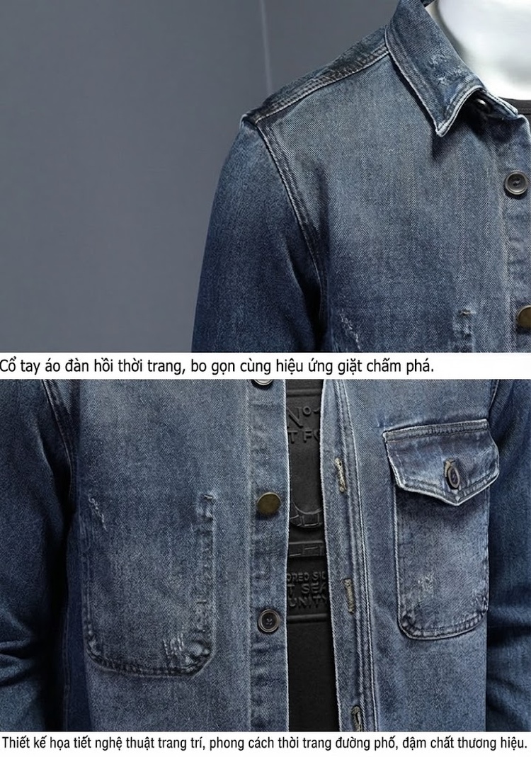 Áo Khoác Jean Nam Cổ Sơ Mi Chất Đũi Phong Cách Retro Màu Xanh Dương Đậm chi tiết 9