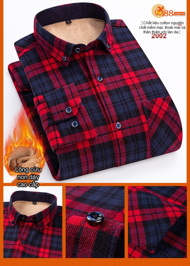 Áo Sơ Mi Nam Ca Rô Lông Cừu Non Cotton Dày Dặn Giữ Ấm Màu Đen, Đỏ, Xanh Dương, Xanh Lá... chi tiết 27