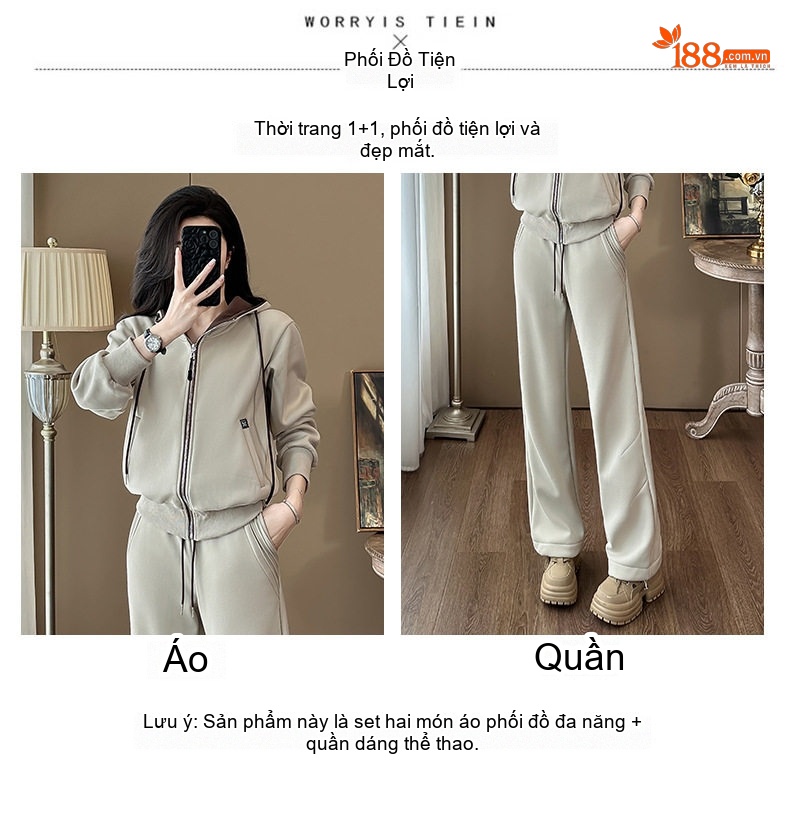 Bộ đồ nữ dệt kim dày dặn lót lông giữ ấm phong cách thể thao chi tiết 6
