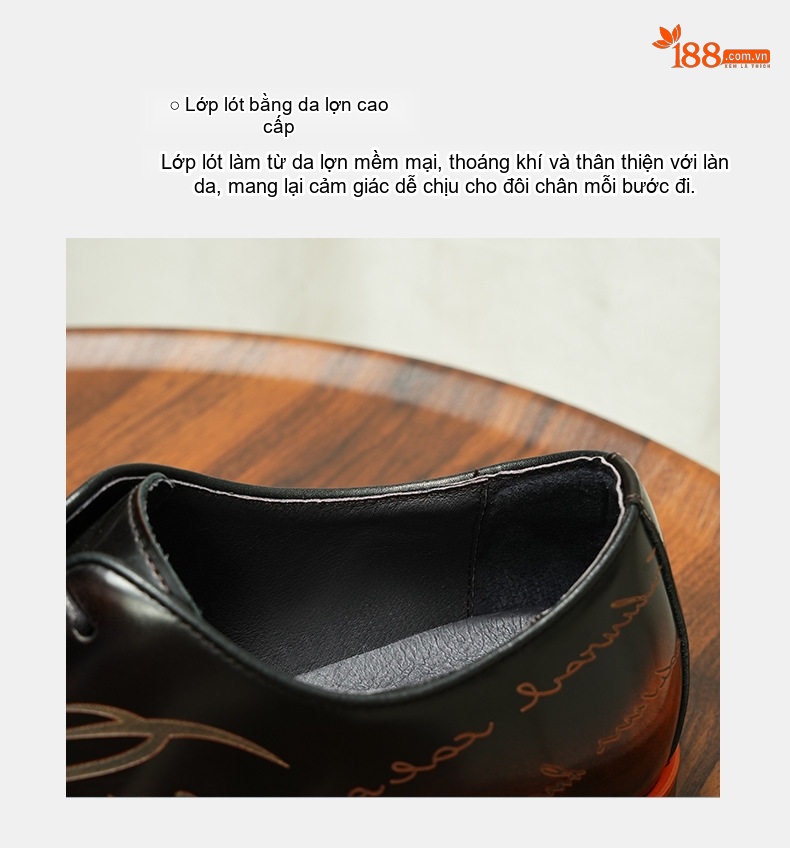 Giày Tây Buộc Dây Nam Da Bóng Chiều Cao Đế Khoảng 3cm Màu Đen chi tiết 9