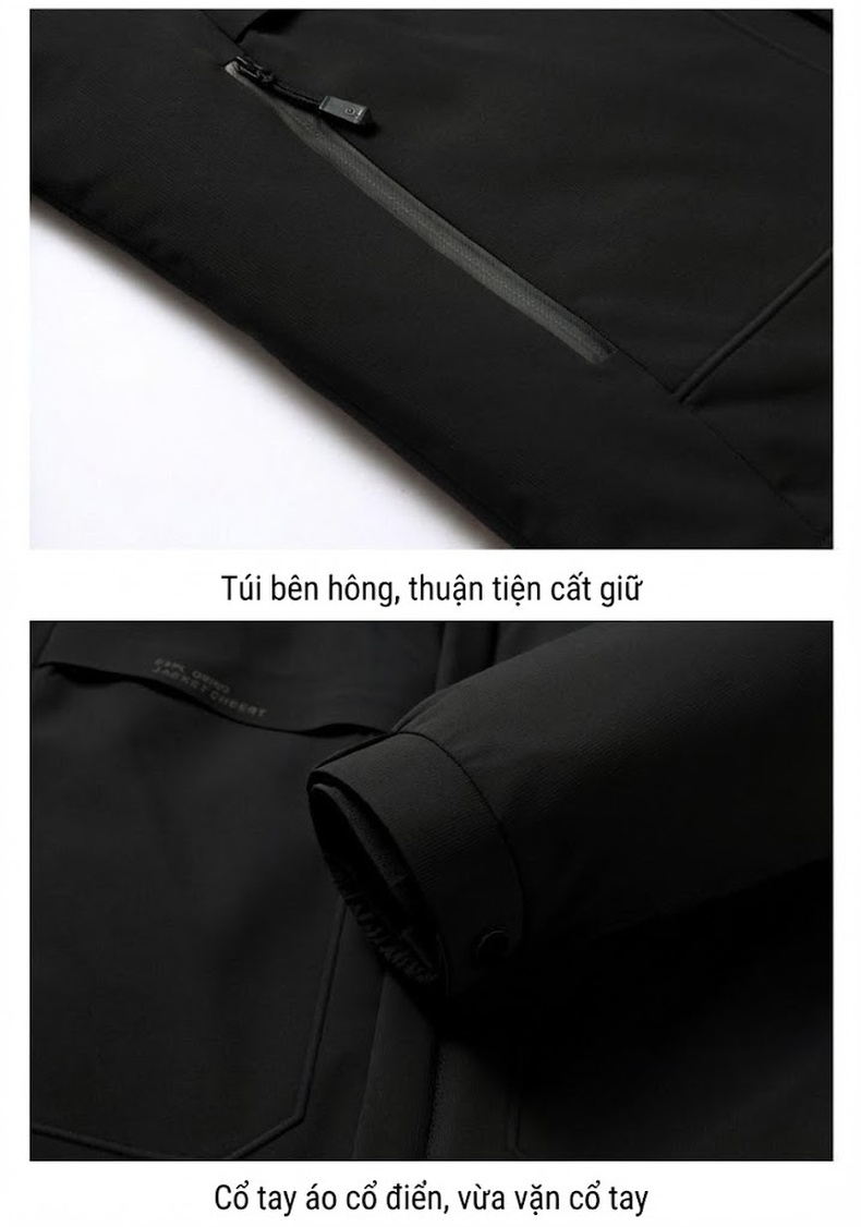 Áo Khoác Phao Nam Dày Dặn 3 Trong 1 Có Mũ Trùm Đầu Chống Gió Giữ Ấm Màu Đen chi tiết 30