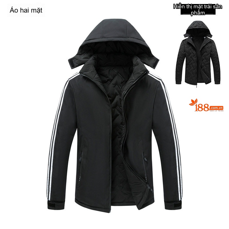 Áo Khoác Nam 2 Mặt Cotton Có Mũ Tháo Rời, Size Lớn Màu Đen, Xám