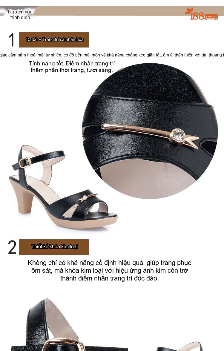 Giày Sandal Cao Gót Nữ Quai Ngang Gót Vuông Da Mờ Gót Cao 7cm - 8cm Màu Kem, Đen chi tiết 14