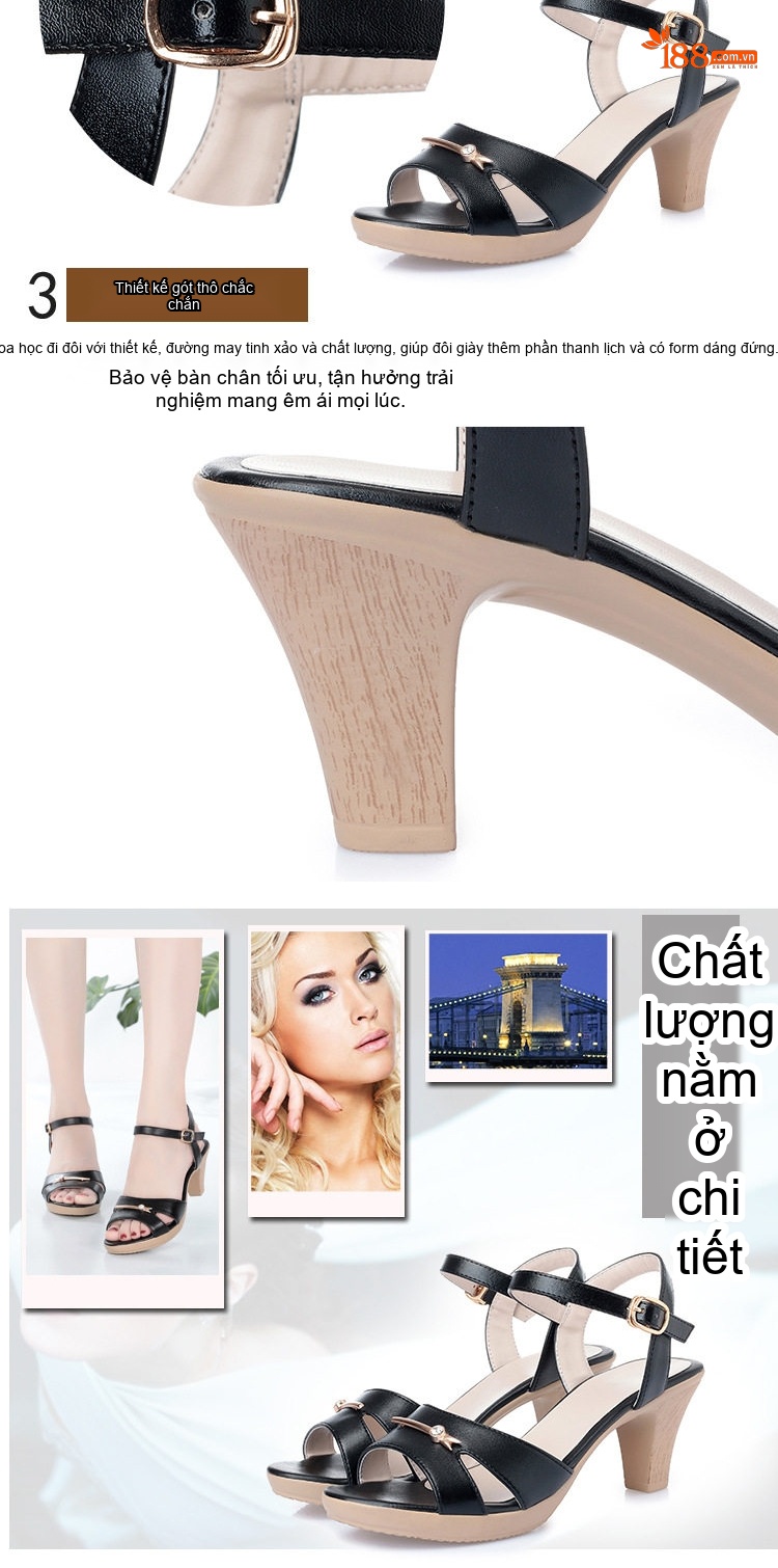 Giày Sandal Cao Gót Nữ Quai Ngang Gót Vuông Da Mờ Gót Cao 7cm - 8cm Màu Kem, Đen chi tiết 15