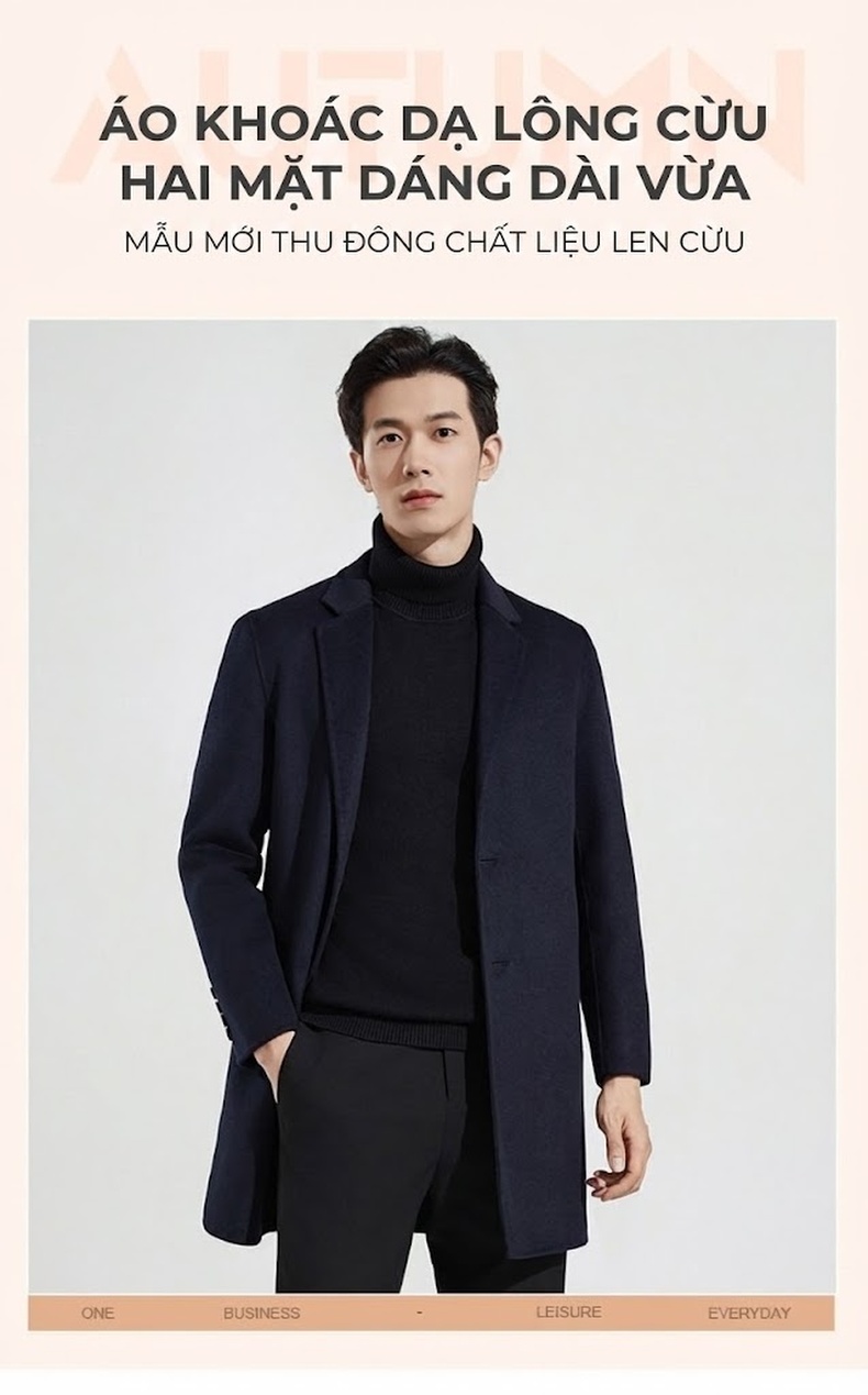 Áo Khoác Dạ Nam Hai Mặt Dáng Dài Vừa Phong Cách Business Casual Màu Đen, Xanh Navy chi tiết 1