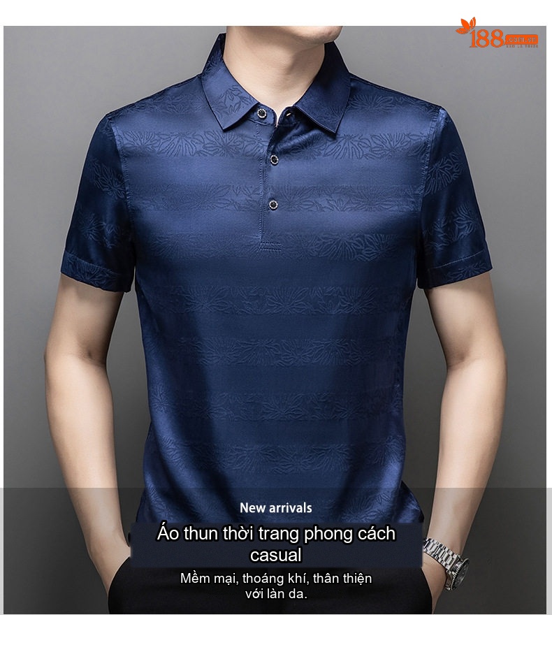 Áo Polo Nam Tay Ngắn Lụa Tằm In Họa Tiết Thời Trang Màu Xanh Navy chi tiết 1