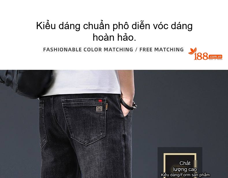 Quần Jean Nam Dáng Ôm Chân Thu Đông Thêu Họa Tiết Màu Đen, Xám chi tiết 8