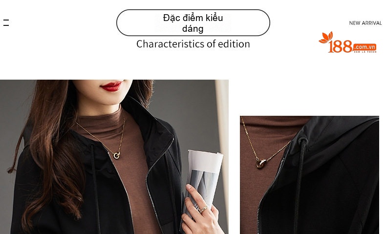 Áo Khoác Gió Nữ Dáng Dài Vừa Cỡ Nhỏ, Mẫu Mới Thu Đông, Dáng Rộng, Có Mũ Trùm Đầu Màu Đen chi tiết 3