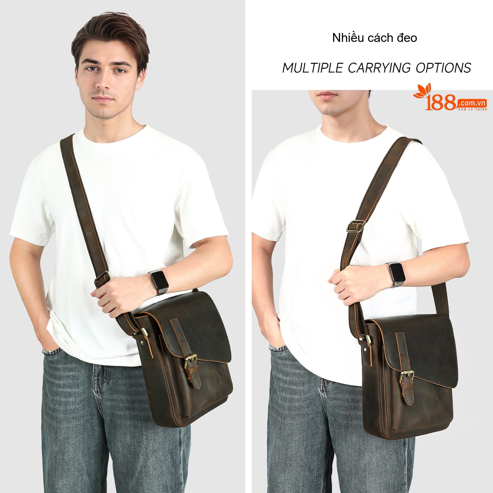 Túi Đeo Vai Nam Da Mộc Kiểu Dáng Postman Nắp Gập Cao Cấp Màu Nâu