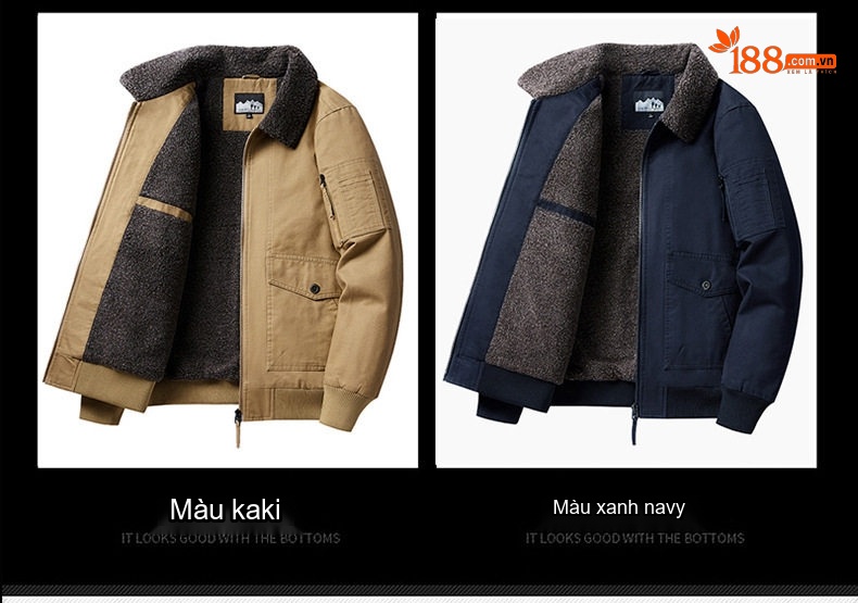 Áo Khoác Bomber Nam Lót Lông Cừu Non Cổ Bẻ Phong Cách Quân Đội Màu Xanh Rêu, Xanh Navy, Trắng Kem, Nâu chi tiết 10