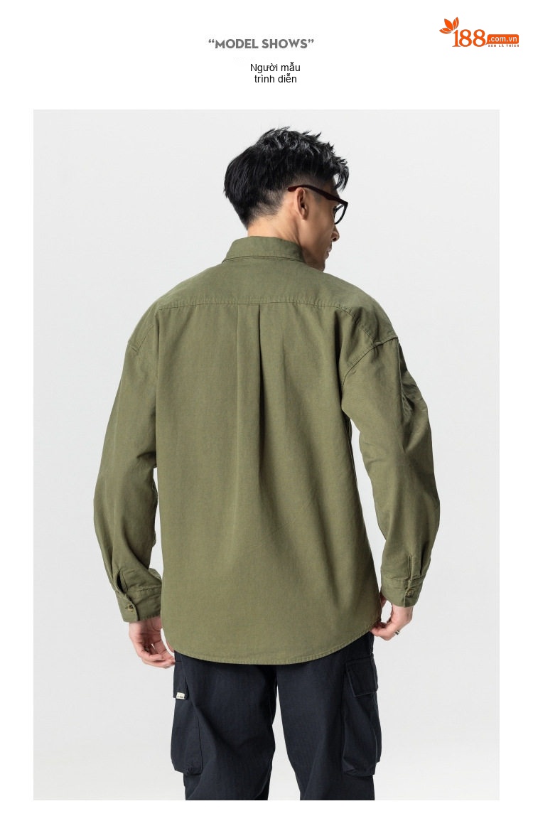 Áo Sơ Mi Nam Cotton Dáng Rộng Phong Cách Retro Màu Xanh Rêu, Nâu, Đen chi tiết 14