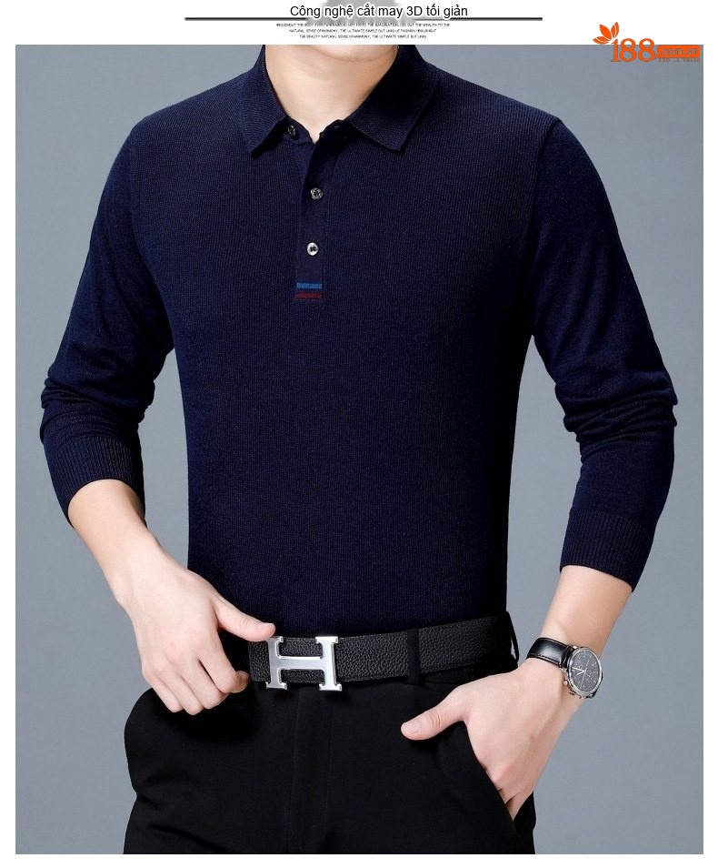 Áo Thun Polo Nam Dài Tay Dệt Kim Cashmere Phong Cách Doanh Nhân Màu Đỏ Rượu, Xám, Xanh Dương, Xanh Lá... chi tiết 10