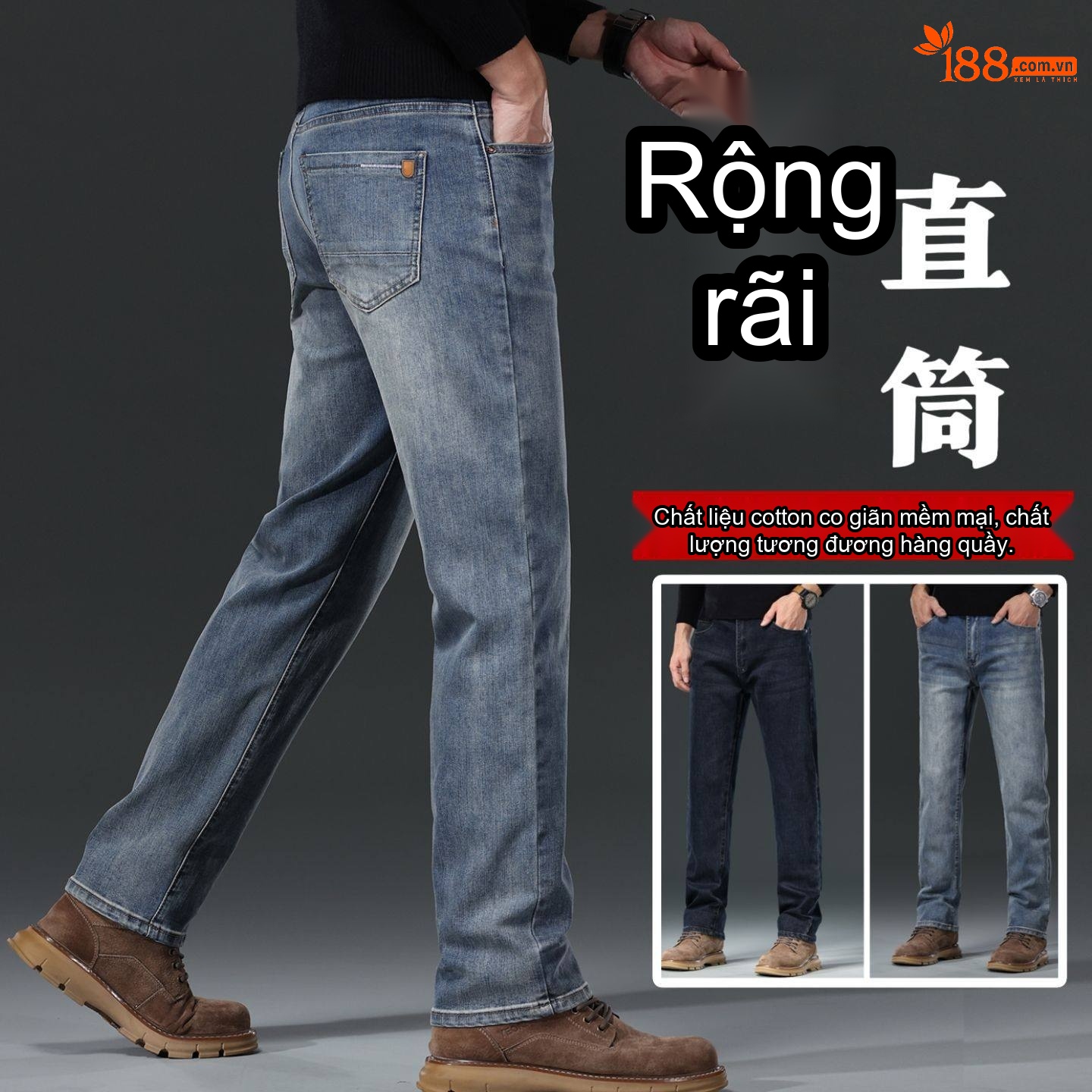 Quần Jean Dài Nam Cotton Co Giãn Thoải Mái Dáng Suông Màu Xanh Dương, Đen, Xám