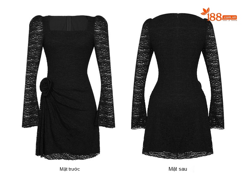 Đầm Ôm Body Nữ Tay Dài Cổ chữ Vuông Ren, Eo Nhún Màu Be, Đen chi tiết 8