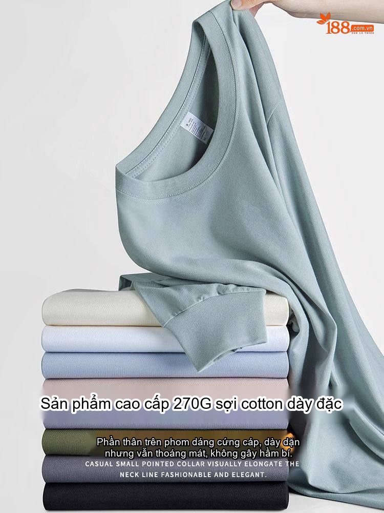 Áo Thun Tay Dài Nam Cotton 270g Cổ Tròn Dáng Rộng Màu Xám, Trắng, Đen, Xanh...