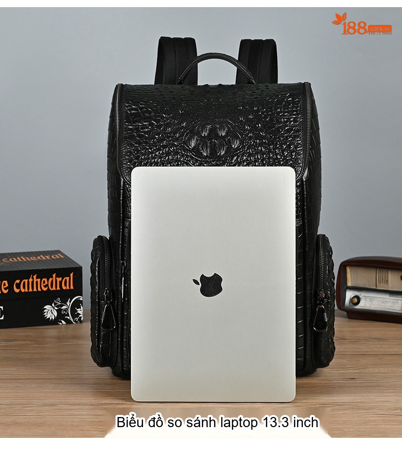 Balo Da Bò Vân Cá Sấu Đựng Laptop Du Lịch Công Tác Màu Đen chi tiết 19